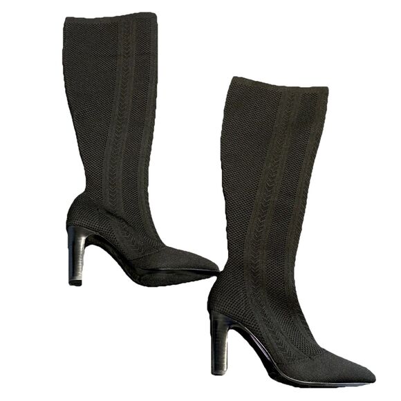 Charles David Black Davis Knee High Heeled Boots Stretch Pull On Womens 8M New - Picture 1 of 11